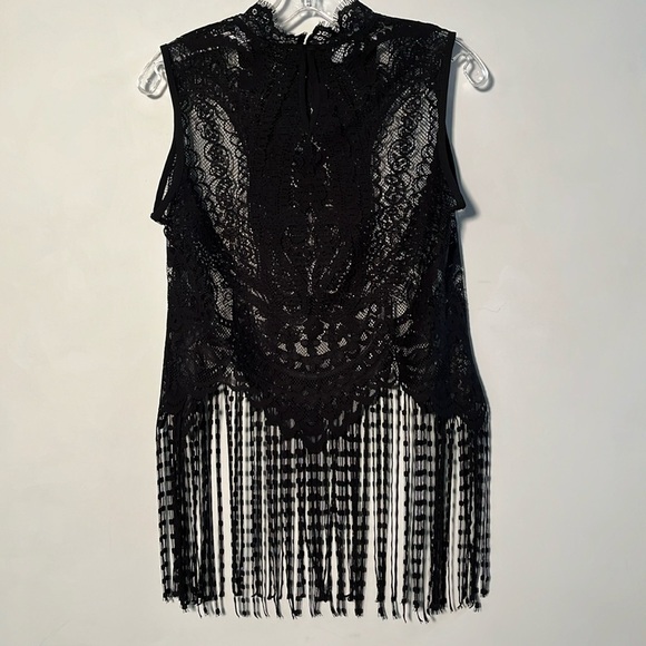 JOSEPH RIBKOFF High Neck Keyhole Sleeveless BLK Lace Long Fringe Party/NYE Top 8 - Picture 3 of 15